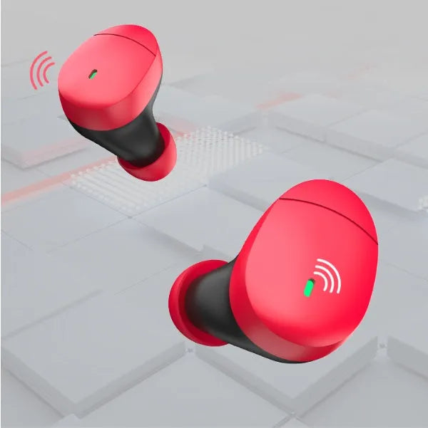 Flame red Qualcomm TWS 3040 Bluetooth wireless earphones with charging cable