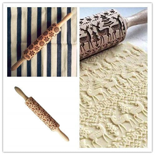 Festive rolling pin with embossed Christmas designs for easy imprinting on dough