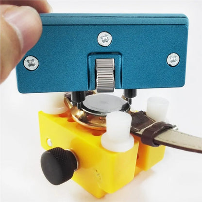 Yellow plastic watch case opener tool set with fixing base for battery replacement