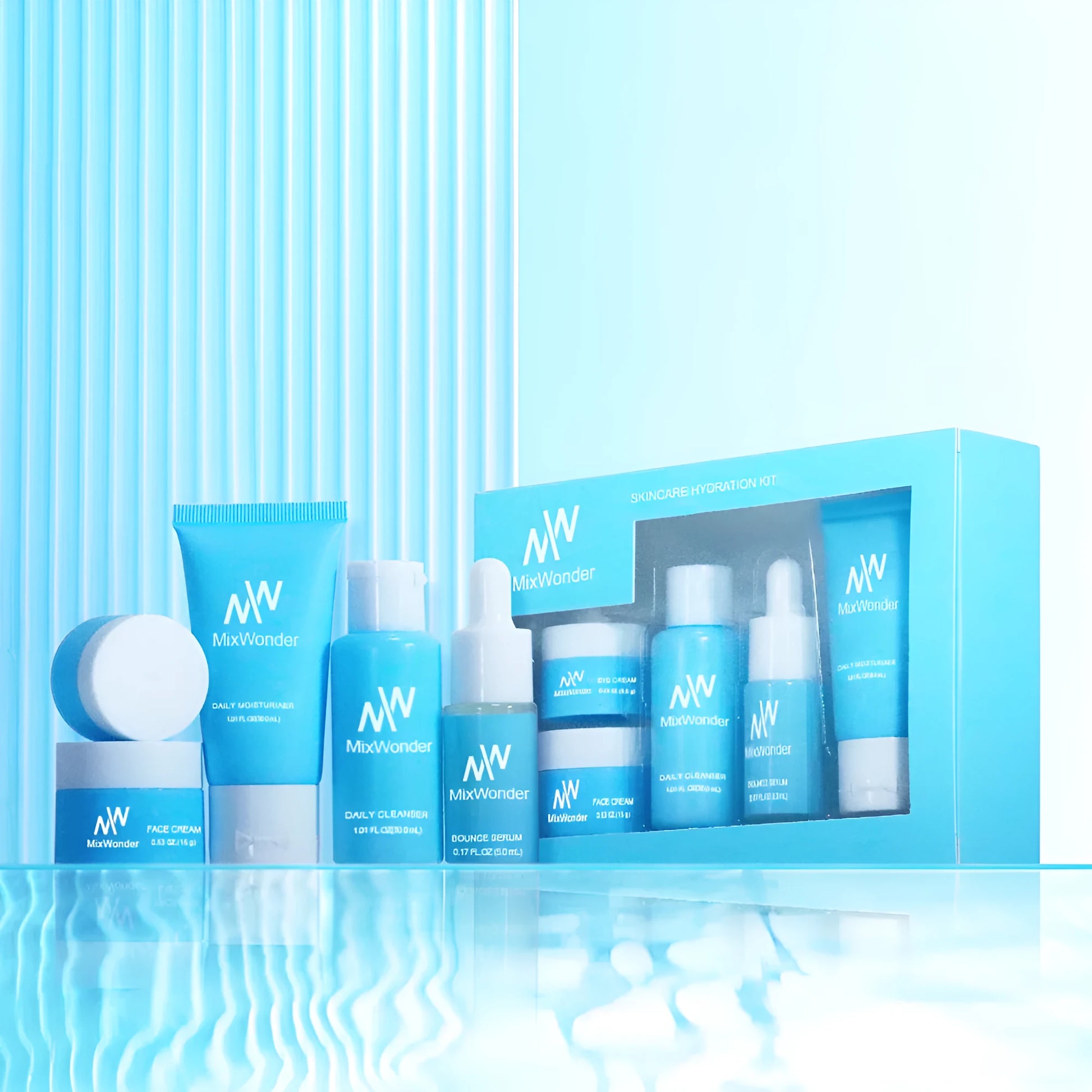 Five-piece travel skincare set with moisturising, cleansing, tonic, lotion, cream and eye lotion products