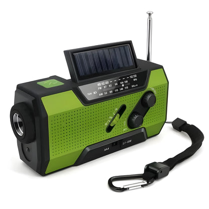 Pocket solar radio in green, red, white, or yellow with engineering plastic body, solar charging, and waterproof build.