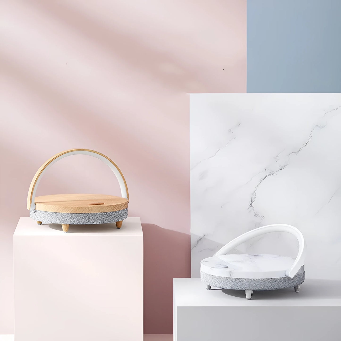 Wireless charging LED night light with Bluetooth speaker in marble pattern finish on bedside table