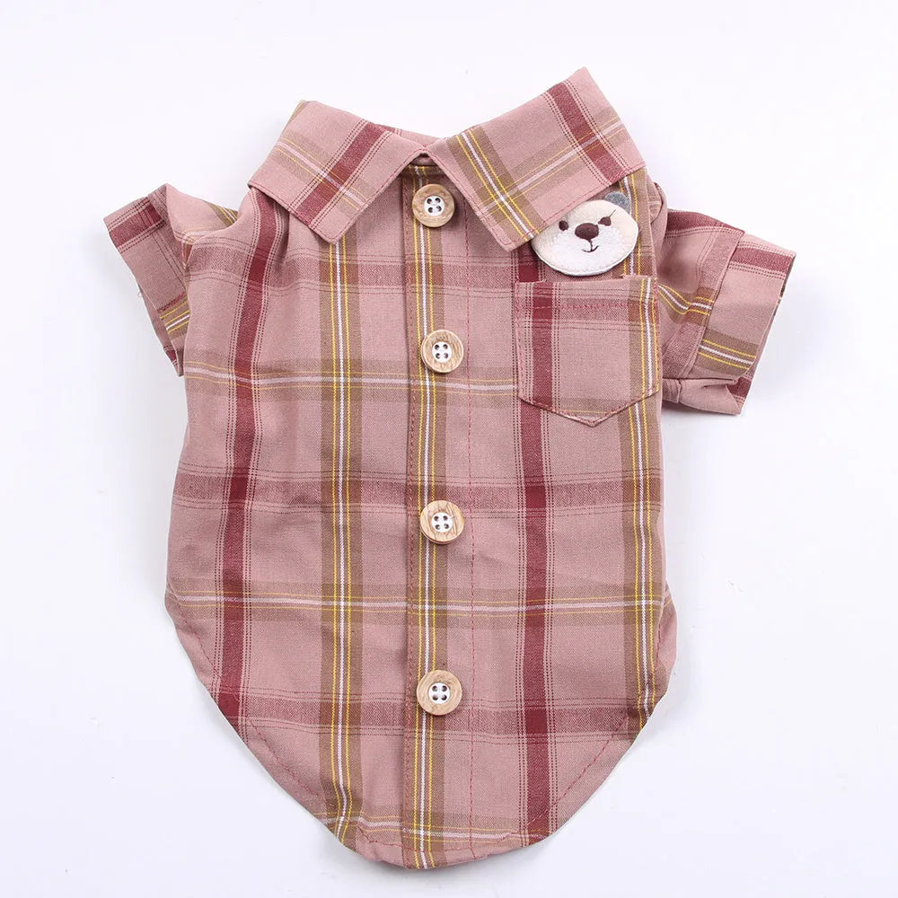 Soft cotton pet shirt with two feet design in blue, red, or rice brown, sizes XS to XL