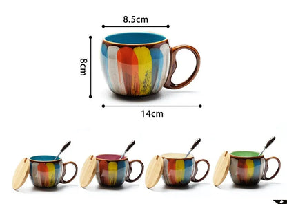Handmade ceramic mug with lid and spoon in blue, green, yellow, or pink colours
