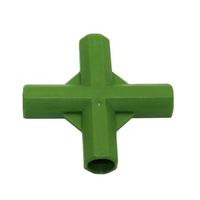 Two white plastic 3-way and 4-way connectors for joining 11mm garden poles to build plant support frames.