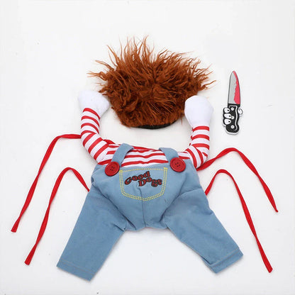 A spooky and adorable Halloween costume for dogs, featuring a menacing mask, ominous accessories, and adjustable design for a comfortable fit.