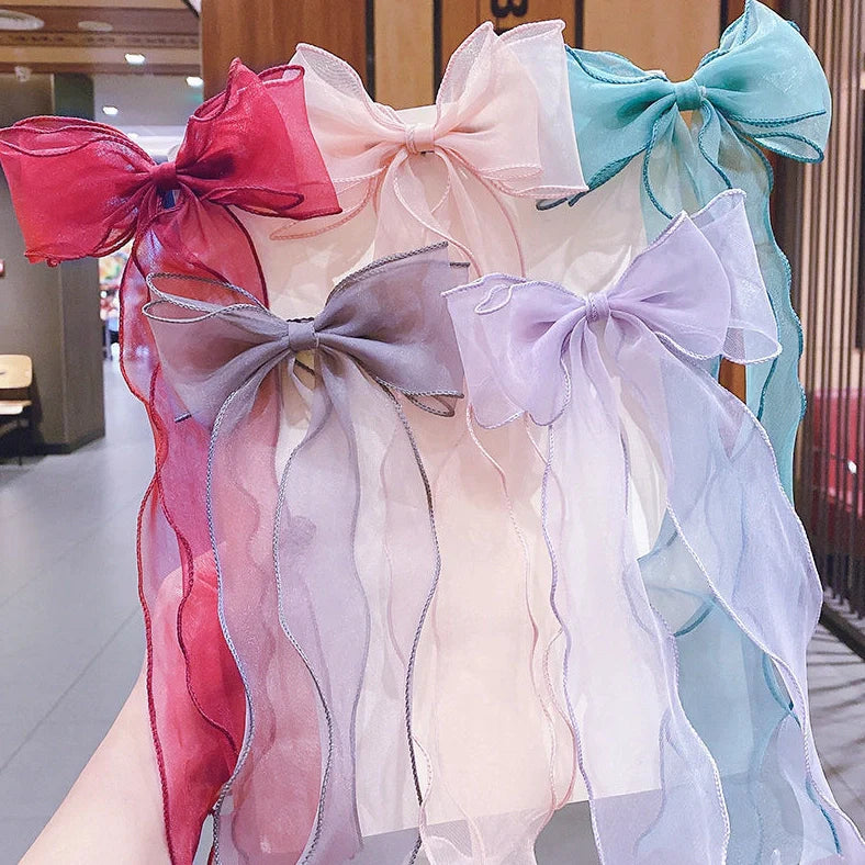Children's lace bow hairpin with antique streamer design and duckbill clip in blue, grey, pink, purple, or red