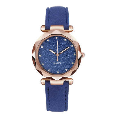 Elegant women's wrist watch with a captivating starry sky dial and leather strap, suitable for any occasion.