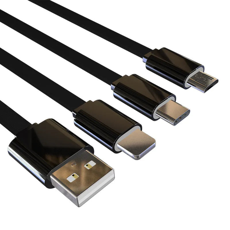 Three-in-one data cable, 1 m noodle style with one-to-three connectors, shown in black or white