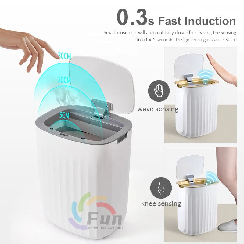 White smart induction trash can with automatic opening lid for kitchen or bathroom use