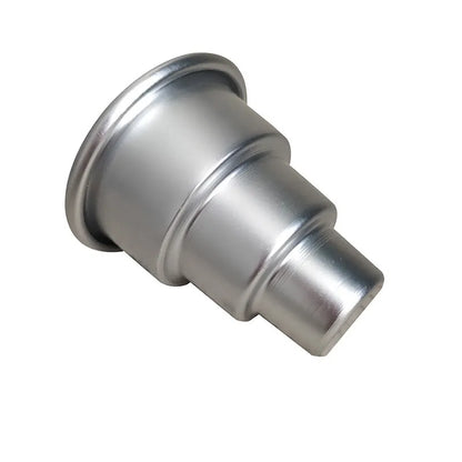 Set of three silver aluminium alloy cake moulds in large, medium, and small sizes.