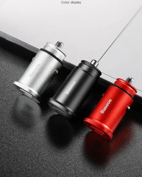 USB smart car charger with aluminium alloy casing in choice of colours, showing compact size for vehicle charging