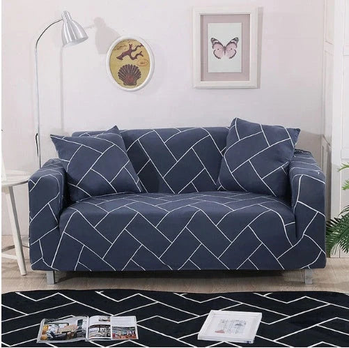 Elastic sofa cover in navy blue with high-density fabric for stain protection