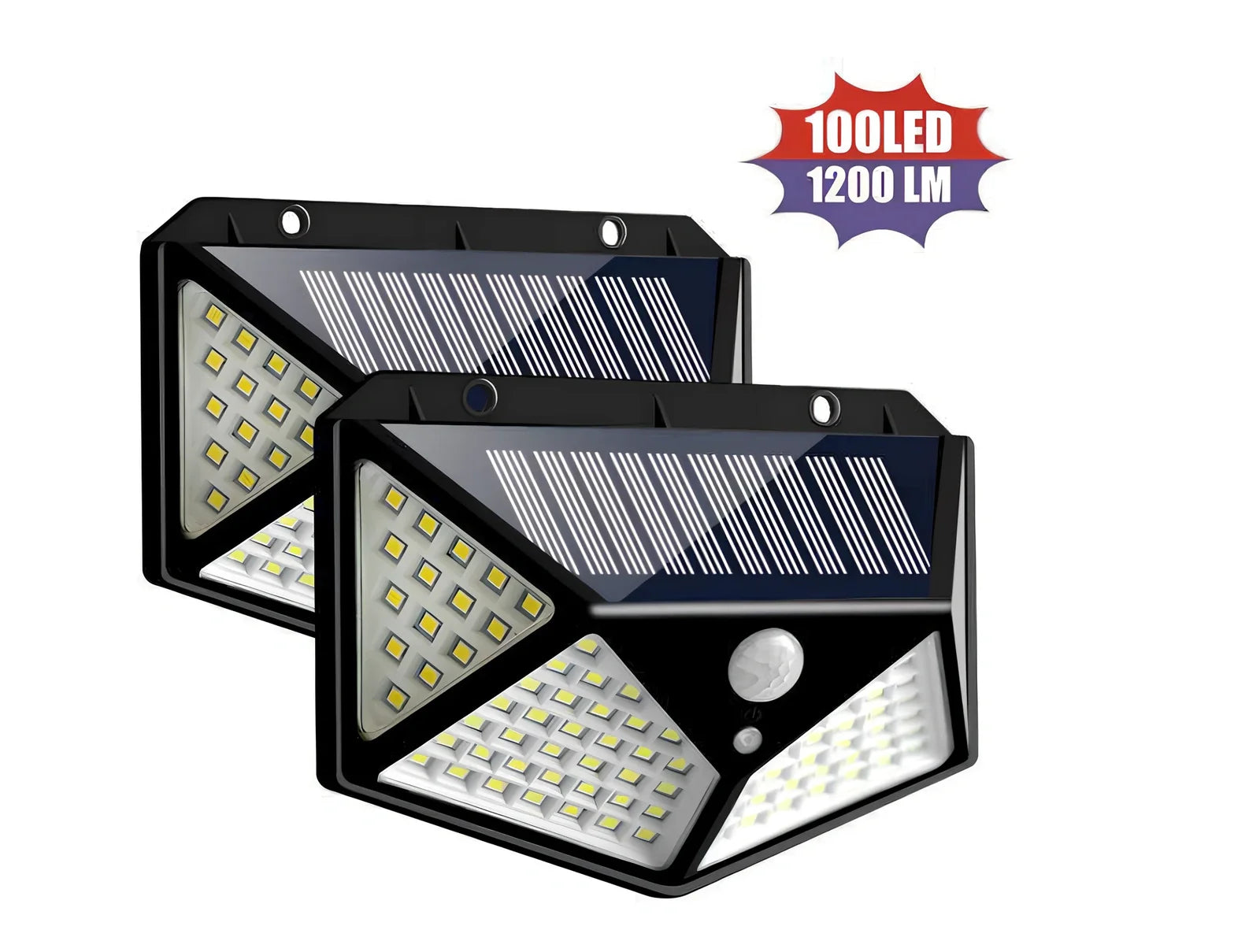 Solar-powered motion sensor wall lamp with 100 LED lights measuring 13x9.5x5cm