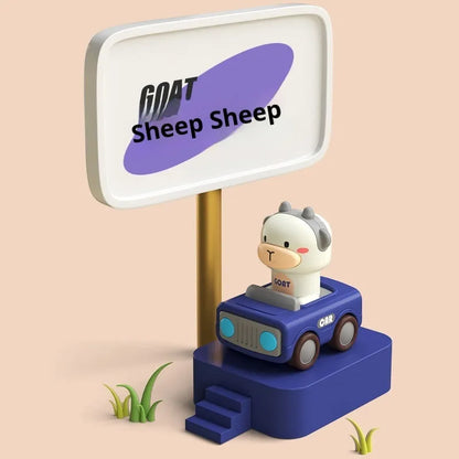 Plastic pressing animal car toy in yellow deer, orange calf, blue lamb, and green calf colours