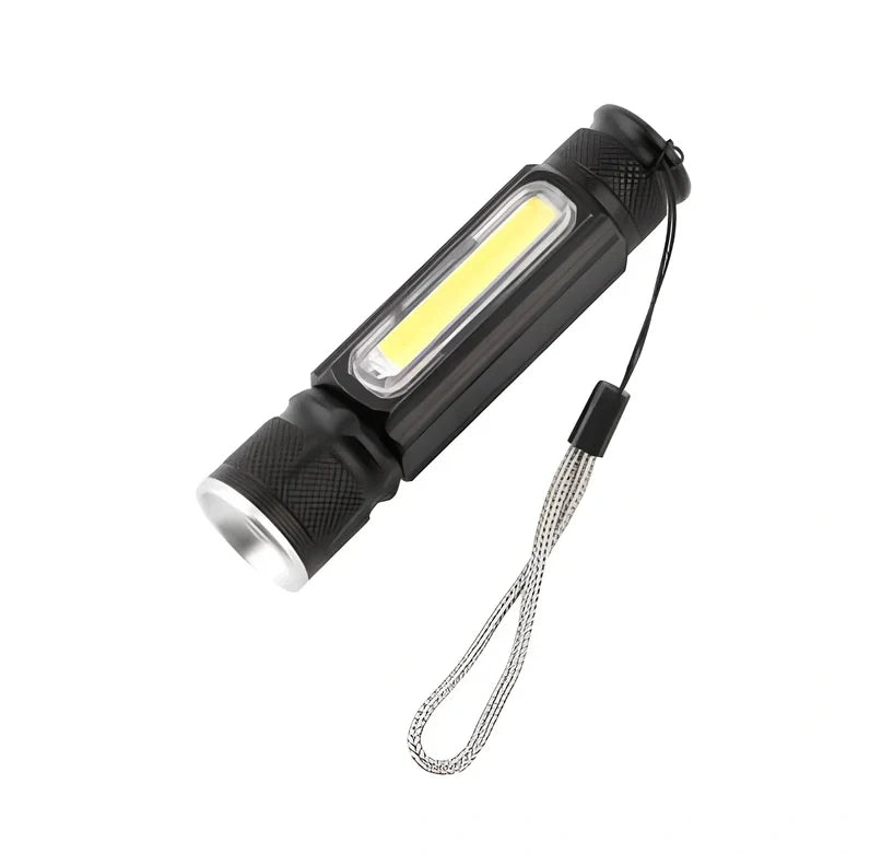 Black Soringrad multifunctional aluminium flashlight with COB and T6 lamp beads, magnet base, 200m range for hiking and camping