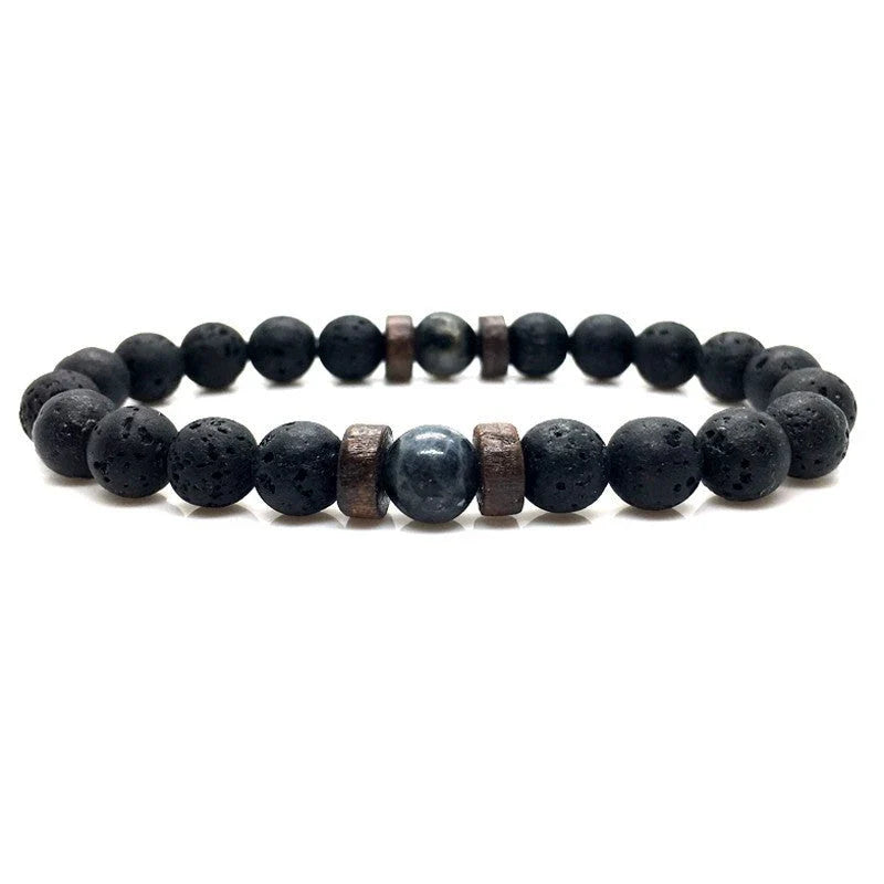 A stylish and durable men's bracelet made with volcanic stone, flash stone, and wood chips