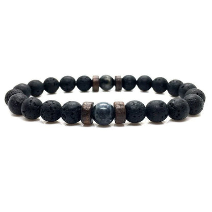 A stylish and durable men's bracelet made with volcanic stone, flash stone, and wood chips