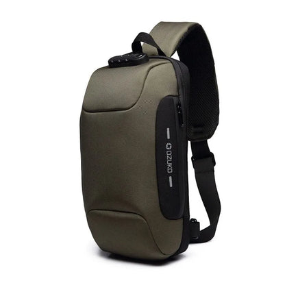 Anti-theft USB chest bag in Oxford cloth with zip closure, square vertical section, and polyester lining, shown in dark blue.