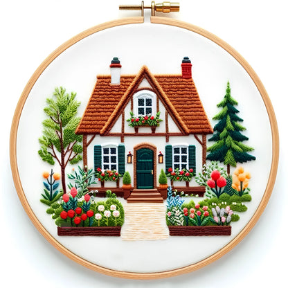 Garden Cottage embroidery fabric package with 28x28cm cotton linen cloth showing landscape pattern