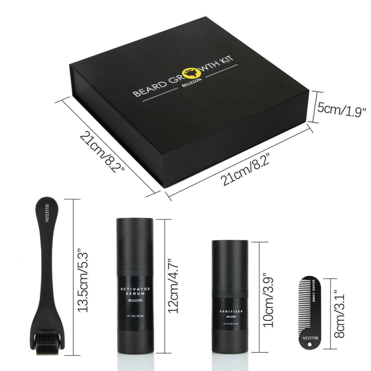 Beard care kit with 30ml growth solution, 15ml disinfectant, titanium alloy roller and zinc alloy comb, 21.2x21x4.9cm