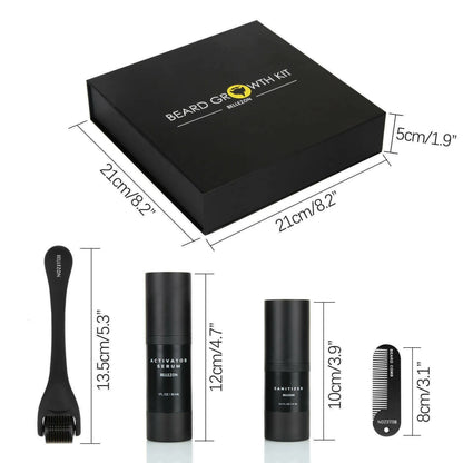 Beard care kit with 30ml growth solution, 15ml disinfectant, titanium alloy roller and zinc alloy comb, 21.2x21x4.9cm