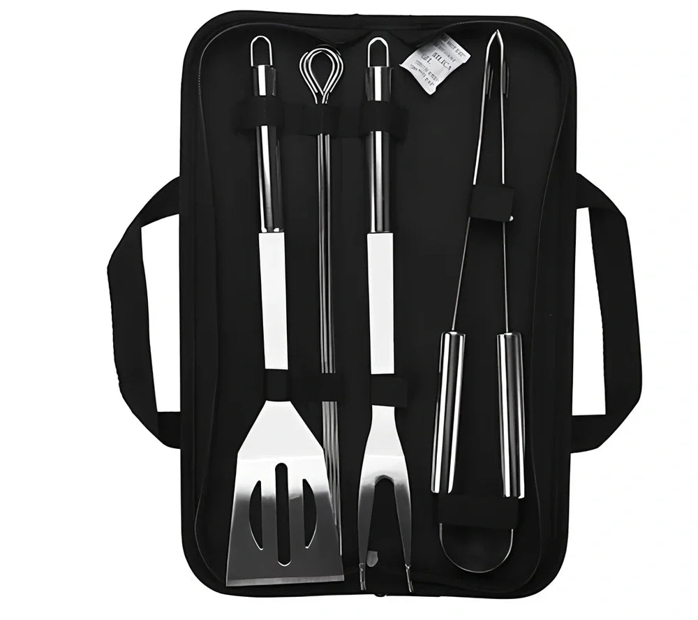 Silver 10-piece stainless steel BBQ tool set with shovel, fork, clip, strings, brush, and tote bag, sized 40x16.5x6cm for outdoor use