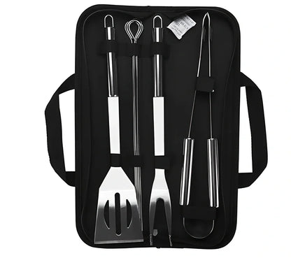 Silver 10-piece stainless steel BBQ tool set with shovel, fork, clip, strings, brush, and tote bag, sized 40x16.5x6cm for outdoor use