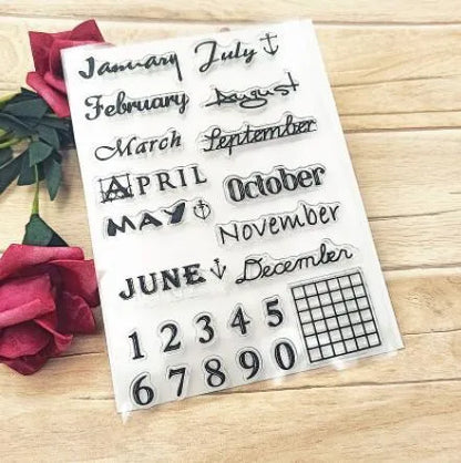 Transparent silicone craft seal with a vintage calendar icon design for paper stamping.