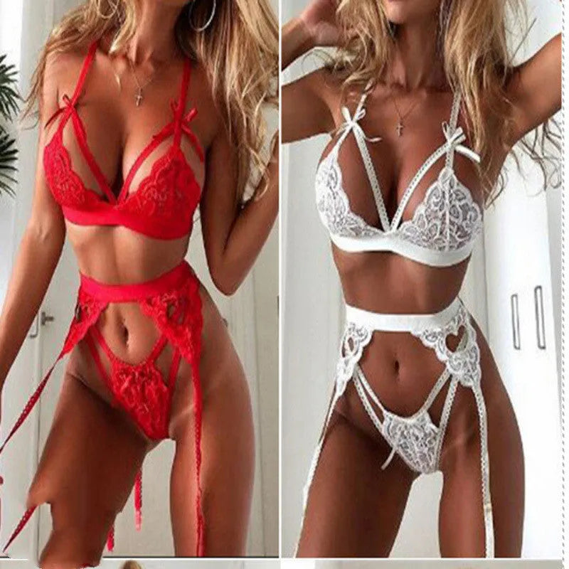 Red and white lace lingerie set with detailed lace pattern, available in sizes S to XL