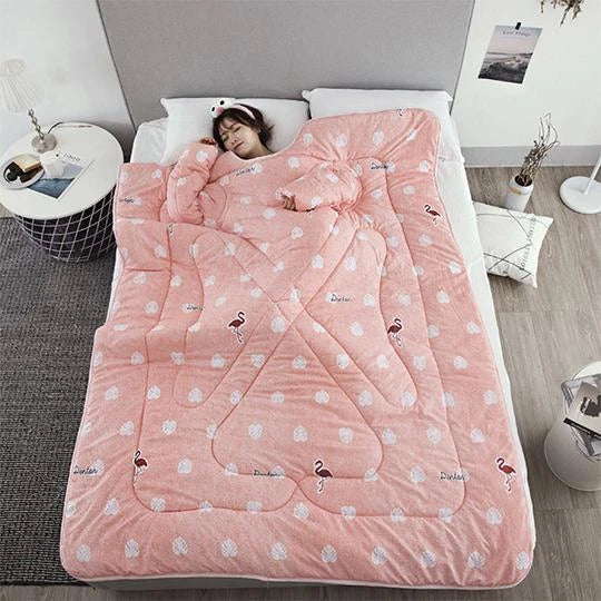 Cozy heated blanket with sleeves for comfortable lounging and hands-free relaxation