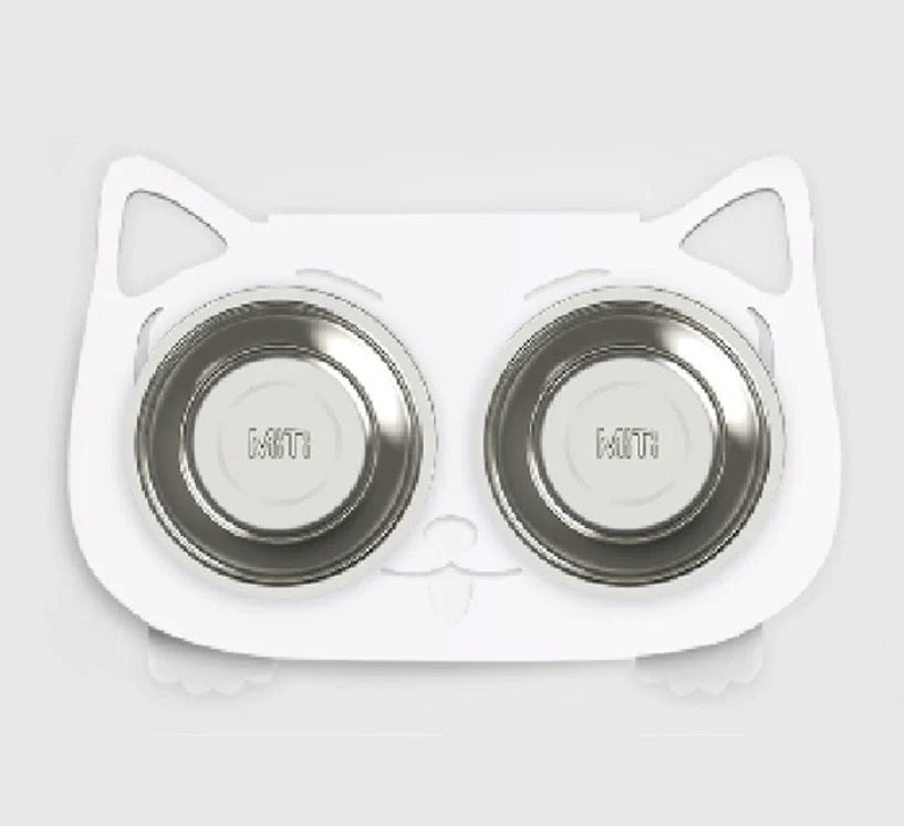 Anti-falling cat dog feeding water bowl in stainless steel with inclined design