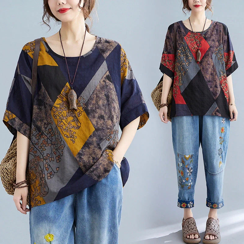 Stylish women's retro-inspired t-shirt in vibrant yellow, red, and brown printed design