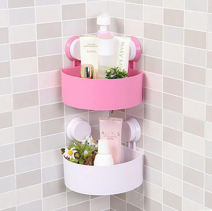 Bathroom corner shelf in blue, green, rose or white, triangle shape, double suckers, drainage holes, 7.5 x 14.5 x 14.5 cm