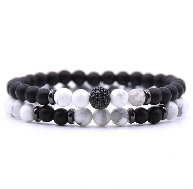 6mm Natural Stone Beaded Bracelet with Micro-inlaid Zircon, elegant handmade jewellery