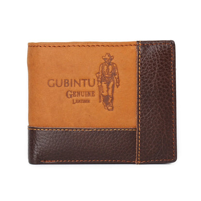 Brown leather wallet with car stitching, open to show bill holder, card slots, and zipper compartment