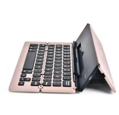 Foldable aluminium wireless Bluetooth keyboard for smartphones and tablets, available in Gold, Rose Red, Silver, and Space Grey.