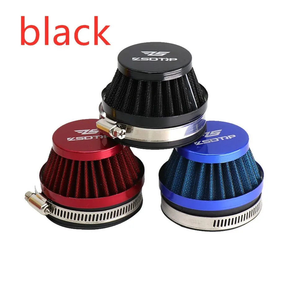 Universal motorcycle air filter E-DGT in 48mm, 55mm, and 60mm sizes, available in black, blue, and red