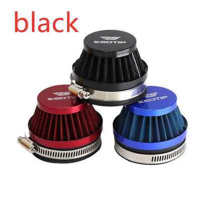 Universal motorcycle air filter E-DGT in 48mm, 55mm, and 60mm sizes, available in black, blue, and red