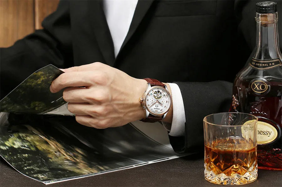 Men's automatic hollow tourbillon mechanical watch, 42mm alloy case, leather band, black or brown