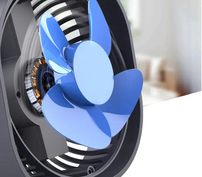 USB charging fan with 360-degree rotation and alarm clock display in modern design