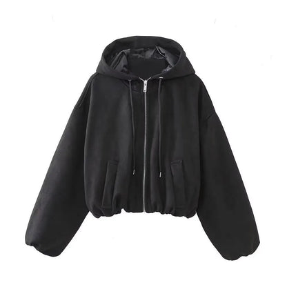 Women's casual hooded suede jacket in black colour on a hanger.