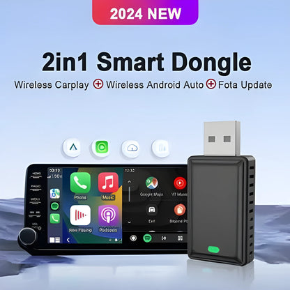 Black 9-inch wireless CarPlay adapter and GPS unit with a capacitive touch screen.