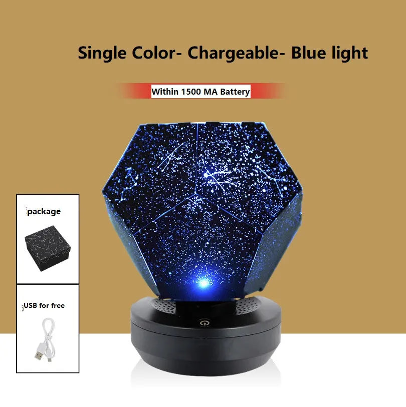 Plastic starry sky projection night light showing constellations on a bedroom ceiling, with remote control.