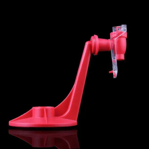 Red ABS plastic soft drink dispenser mounted on inverted beverage bottle