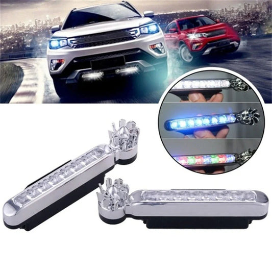 Wind-powered LED daytime running lights for cars and motorcycles in blue, white, and multicolour options