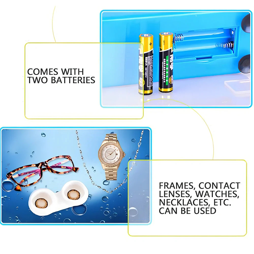 Blue analog ultrasonic cleaner measuring 17x6x8cm with four suction cups and battery compartment
