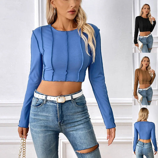 Y2K fashion slim long sleeve t-shirt with exposed stitching in blue, black, and dark brown