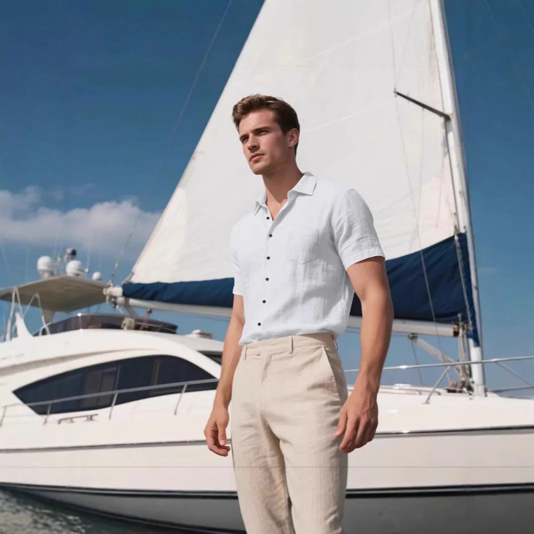 Men's loose fit short-sleeved linen blend shirt in a cardigan style, shown in a solid colour.