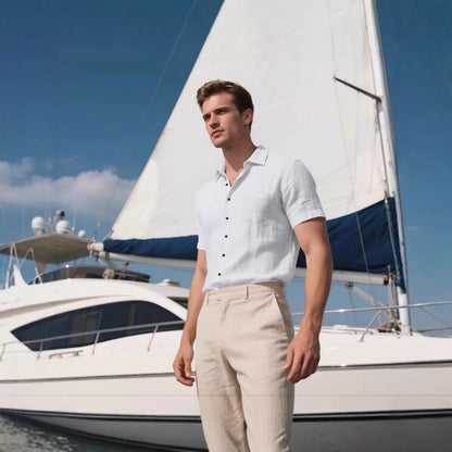 Men's loose fit short-sleeved linen blend shirt in a cardigan style, shown in a solid colour.